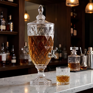Distributeur de boissons en verre sans plomb grande capacité CRYSTAL COAST avec robinet en acier inoxydable, couvercle et support, finition cristal taillé diamant pour les fêtes - Product Image 2