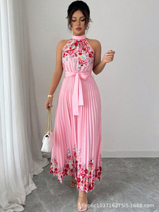 Vestido Largo de Fiesta para Mujer 2026, Estilo Halter con Estampado Floral, Plisado, Corte en A, Cintura Natural, de Chifón, Largo hasta el Suelo - Product Image 4