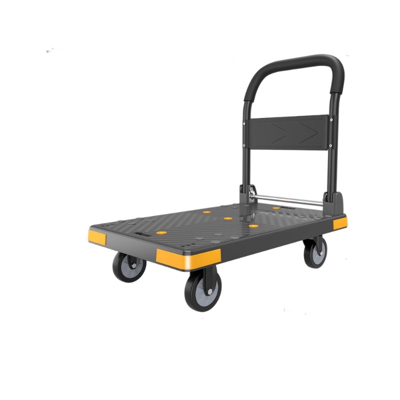AOCHEN Anti-Slip Textured Platform Cart with Folding Handle, Single Metal Railing Swivel Casters