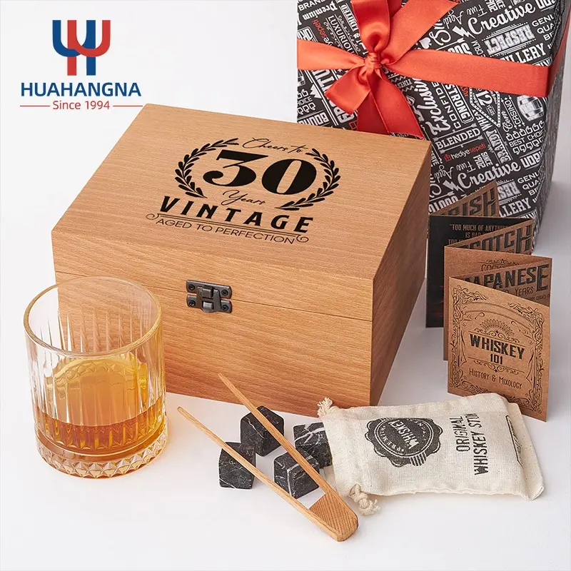 Bicchiere da Whisky Bourbon artigianale e pietre da Whisky Set regalo in scatola di legno per regalo Milestone uomo marito