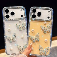 Coque de téléphone transparente avec paillettes de diamant, brillant, dos transparent, perle, papillon, pour iPhone 17 Pro Max 17 Air 16 15 14 13