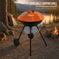 Barbecue au charbon pliable robuste Aurbrand - 41 cm, portable pour le camping en plein air, avec poignées en bois de qualité supérieure et roues tout-terrain