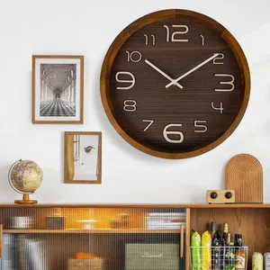 Numéros 3D couleurs de bois profond décoration intérieure horloge murale en bois