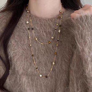 Tiger Eye Stone Stacking <b>Necklace</b> For Women <b>Long</b> Sweater Chain Multi Layer Pearl Shell Design Daily Wear Fashion Jewelry - Product Image 1