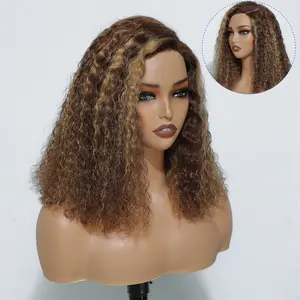 New Raw Indian Hair Honey Blonde Highlight Color 4x4 Pre-Cut Lace Glueless Human Hair BOB Wigs,Piano Color P4/27 Curly Bob Wig