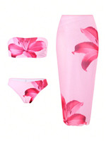 Trajes de Baño de 3 Piezas para Mujer con Logotipo Personalizado del Fabricante, Conjunto de Bikini con Estampado Floral, Top Bandeau y Falda de Playa Transparente 2026