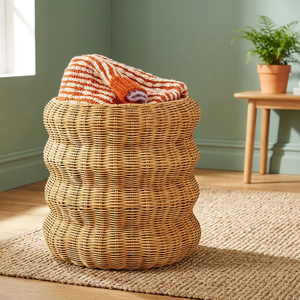 Panier de rangement rond en rotin tressé, style bohème, organisateur de vêtements pour salon, en fibre végétale - Product Image 1