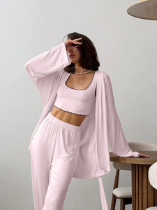 Pigiama in Seta di Latte Morbido e Delicato sulla Pelle per <span class=keywords><strong>Donne</strong></span>, Set da Notte in 3 Pezzi con Bordo Ondulato, Abbigliamento Casual per Casa - Product Image 5