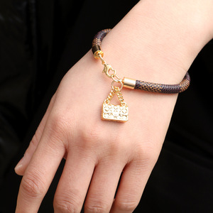 <b>Leather</b> <b>Bracelet</b> With Mini Bag Charm Gold Plated Checkerboard Pattern Black White Brown Gift Jewelry - Product Image 2