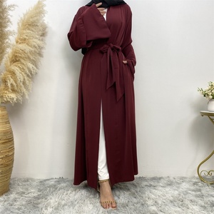 1930# High Quality Burgundy Open Abaya With Side Pockets 2 Layered Sleeve Dubai Abayas <b>Cardigan</b> for Muslim Women - Product Image 4