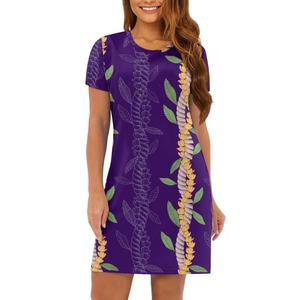 2025 gran oferta personalización Hawaii Lei estampado bajo demanda redondo elegante e informal cuello manga corta Midi falda vestido suelto mujeres - Product Image 4