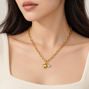 Collar con Zirconia en Forma de Corazón y Redonda, Acero Inoxidable, Chapado en Oro de 14K al Vacío, Cadena de Eslabones Ovalados, 49.5 + 9.5 cm, 9.7 g - Product Image 5