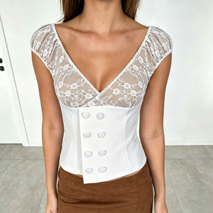 Haut corset blanc en dentelle pour femme, col en V profond, manches courtes bouffantes, bustier avec détails boutonnés, coupe ajustée, chemisier élégant - Product Image 5