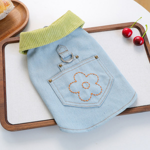 Arnés de mezclilla para perro, nuevo diseño <span class=keywords><strong>2026</strong></span>, chaleco verde de poliéster con cuello, bordado floral, bolsillo, anilla en D, correa transpirable, para cumpleaños de mascotas - Product Image 4