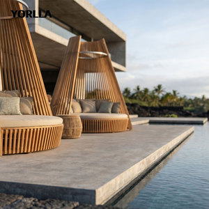 Mobilier de villégiature haut de gamme : Cabane tipi en teck, grand lit de soleil rond, chaise longue de club de plage - Product Image 3
