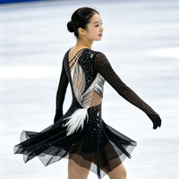 Robe de patinage artistique à manches longues contrastée noir et blanc, dos découpé, plumes et strass, pour filles et femmes adultes
