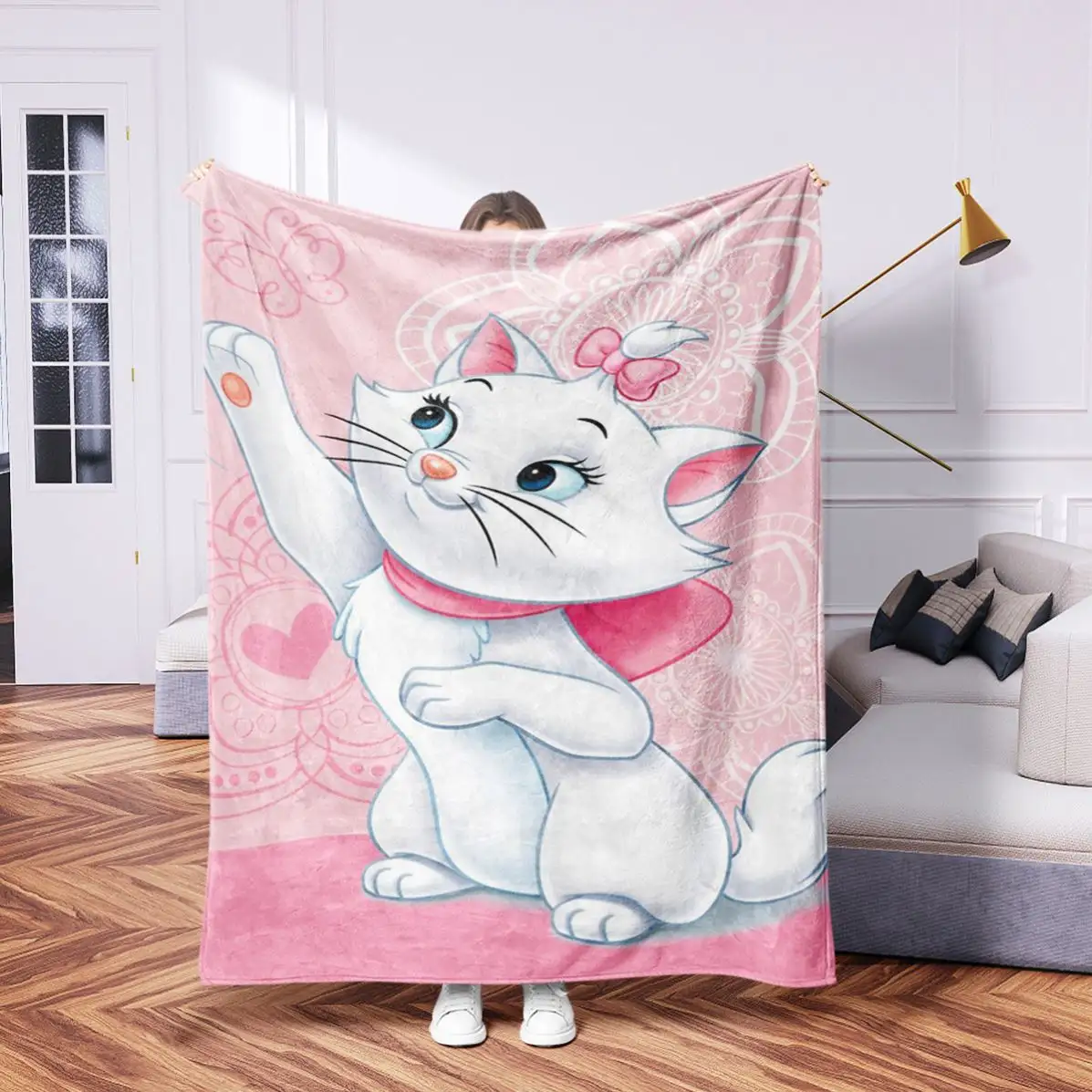 Baby Printed Blanket With White Cat Digital Flannel Sofa Bed