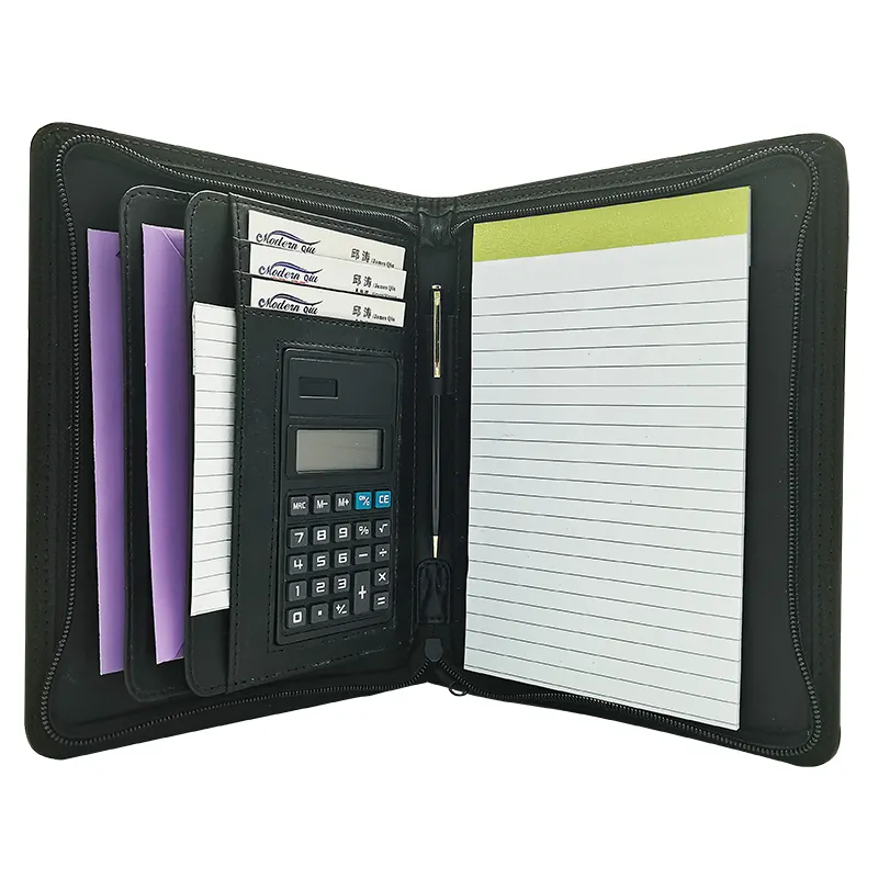 A5 Padfolio con calcolatrice portafoglio in pelle PU per ufficio o scuola di prodotti di archiviazione