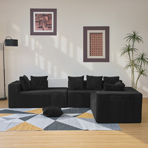 Ensemble de canapé modulaire en forme de U, 130 pouces, 4 places, avec chaise longue, design réversible, tissu en velours côtelé rayé en éponge, NOIR - Product Image 2
