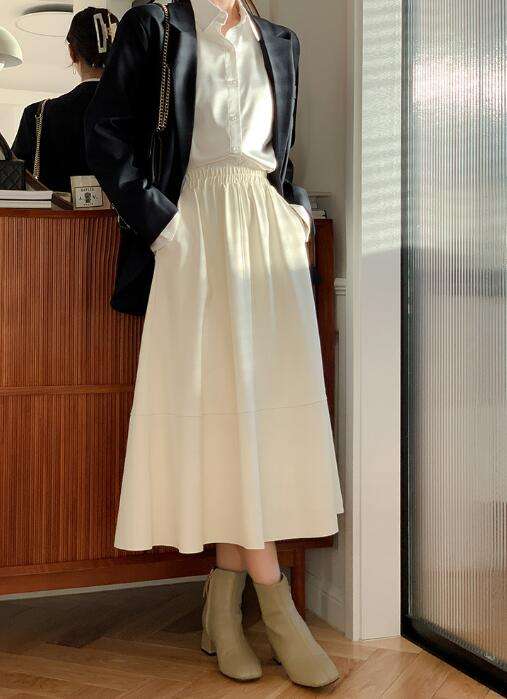 Ecowalson Women PU Leather Flared Skirt 90s Retro High Waist Solid Midi  Skirt Elegant Ladies Chic Skirt