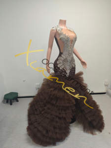 Ocstrade quần áo nhà sản xuất lấp lánh màu nâu Rhinestone Nàng Tiên Cá Gown Layered Tulle Train <span class=keywords><strong>Wedding</strong></span> Gown Dresses đối <span class=keywords><strong>v</strong></span>ới ảnh cưới - Product Image 4