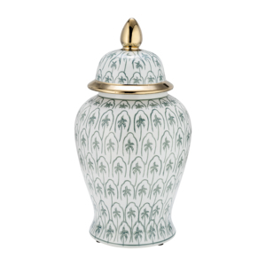 Vaso decorativo in ceramica con motivo a palma verde e bordo dorato per l'arredamento del soggiorno. - Product Image 1