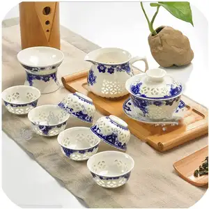 陶瓷花盆中国9件功夫茶具陶瓷茶杯蓝色和白色茶壶骨瓷盖碗茶茶海陶瓷过滤器马克杯