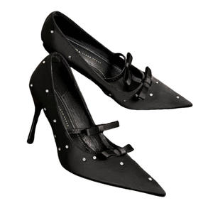 Zapatos Elegantes de Tacón Alto con Pedrería Negra para Mujer, Punta Cuadrada, Estilo Nuevo 2025 - Product Image 1