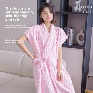 New Cloud Grid Coral Velvet <b>Bathrobe</b> Quick-Dry Woven Cross Tie Soft Absorbent Yukata for Home Use Portable - Product Image 3