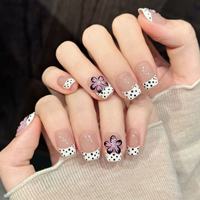 Kuku Palsu Akrilik Vintage Sweet Girl, Warna Nude Pink Transparan, Ujung Prancis Putih, Motif Polkadot Hitam, Bunga Lukis Tangan, Hiasan Berlian Imitasi