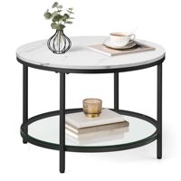 Table basse ronde moderne, étagère de rangement en verre à 2 niveaux, plateau blanc imitation marbre, structure en métal noir, montage facile pour le salon