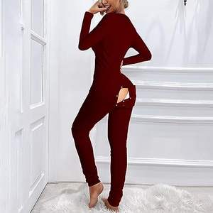 Pijama Enterizo <span class=keywords><strong>de</strong></span> Satén Cómodo para Mujer, <span class=keywords><strong>Mono</strong></span> Sexy con Abertura Trasera y Cierre <span class=keywords><strong>de</strong></span> Botones, Ropa <span class=keywords><strong>de</strong></span> Dormir Térmica Sólida con Escote Profundo en V - Product Image 2