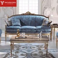 Ensemble de canapés sectionnels de style européen 1+2+3 places en tissu bleu, avec structure en bois antique, pour salon de villa, avec rembourrage en éponge