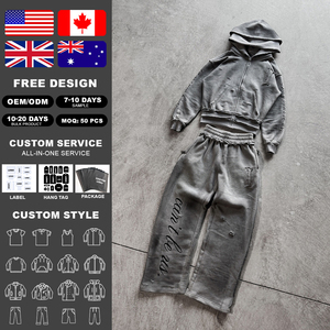 Men's Distressed Gothic Letter Print 2 Piece Hoodie <b>Set</b> Zip up Hooded Sweatshirt and Wide Leg Pants Streetwear Casual Outfit - Product Image 2