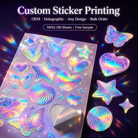 Feuille d'autocollants holographiques laser en gros, motifs papillon, cœur, étoile, arc-en-ciel, irisés, imperméables, impression personnalisée OEM, MOQ 100