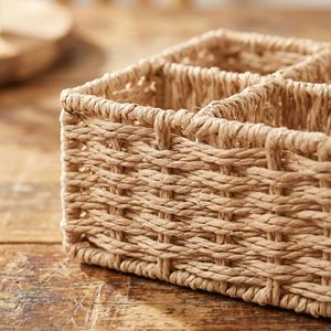 Woven Storage Basket Multi Compartment Cutlery Organizer Rectangle Handmade Straw Office <b>Desk</b> Cabinet Organizer <b>Rustic</b> Style - Product Image 4