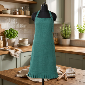 Tablier en lin de qualité supérieure |   Tablier en lin vert sarcelle avec ourlet plissé à volants et poche avant |   Tablier de cuisine réglable - Product Image 3