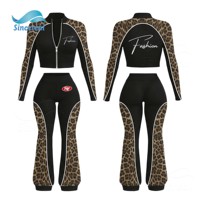 Ensemble 2 pièces décontracté pour femme, imprimé léopard, style Y2K streetwear, crop top à manches longues et pantalon évasé taille haute