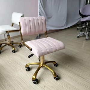 Sillón de Barbería Blanco Dorado Tapizado, Taburete de Salón Ajustable con Ruedas y Respaldo - Product Image 2