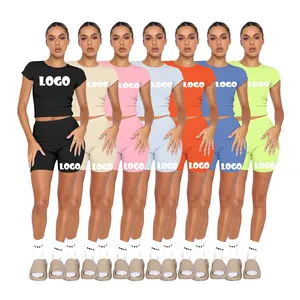 Wholesale Custom Logo 2024 Lady Suit Summer Multi Color Solid Round Neck Short-sleeved Women's Fitness Fashion Casual Shorts Set