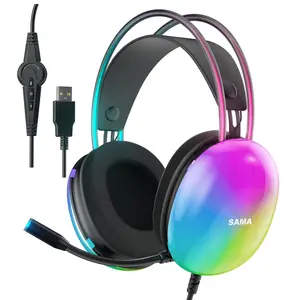 SAMA USB Gaming Headset PC RGB Rainbow Backlit Soft Memory Earmuffs Wired Laptop Desktop Computer Headphones with mic