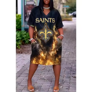 उच्च गुणवत्ता वाले खेल मैडिका फुटबॉल पोशाक डिजिटल मुद्रित प्लस आकार की महिला दैनिक घुटने की लंबाई वाले वी-गर्दन खेल कपड़े पहने - Product Image 1