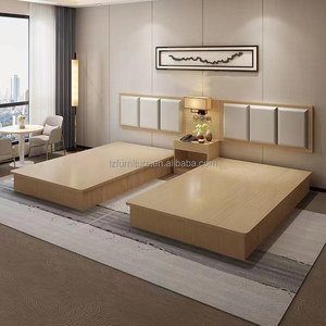 Budget Hotel Guest Room Furniture Wooden <b>Queen</b> <b>Bed</b> <b>Frame</b> with Soft Block Headboard and Open Storage Nightstands for 3-Star Hotel - Product Image 5