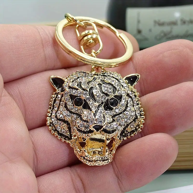 Rhinestone Tiger Charm Keychain - Vintage Bag Accessory and Car Pendant