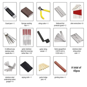 <span class=keywords><strong>Kit</strong></span> de Herramientas de Reparación y <span class=keywords><strong>Mantenimiento</strong></span> de <span class=keywords><strong>Guitarra</strong></span> Eléctrica de 45 Piezas con Bolsa de Transporte, Regla de Acción de Cuerdas, Lima de Luthier, Clavijas de Puente - Acero Metálico Duradero - Product Image 2
