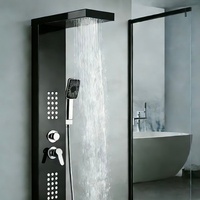 Panneau de douche en acier inoxydable noir laqué couleur acier d'origine avec jets pluie et cascade, et commandes à 5 fonctions pour salle de bain