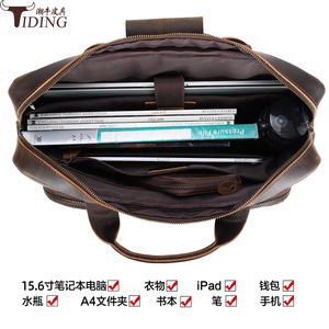 Genuine <b>Leather</b> <b>Briefcase</b> Men's Dark Brown Top Layer Cowhide Business Bag Laptop Case Solid Color Polyester Lining - Product Image 5