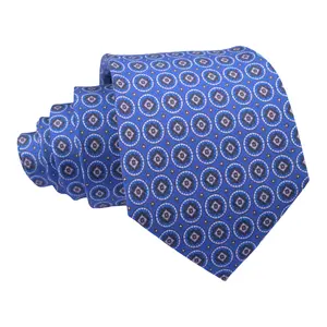 Mens Business Blue Hand Made Custom Italian Printed 7 Fold Silk Neck Ties