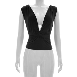 Viviblook J26TP038 Vêtements d'été pour femmes Nouveau pull à col en V couleur unie plissé torsadé débardeur - Product Image 4