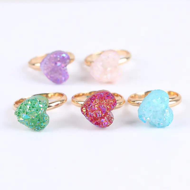 Bling Girls Candy Colors Crystal Natural Healing Semi Precious Stones Rings Heart Jewelry